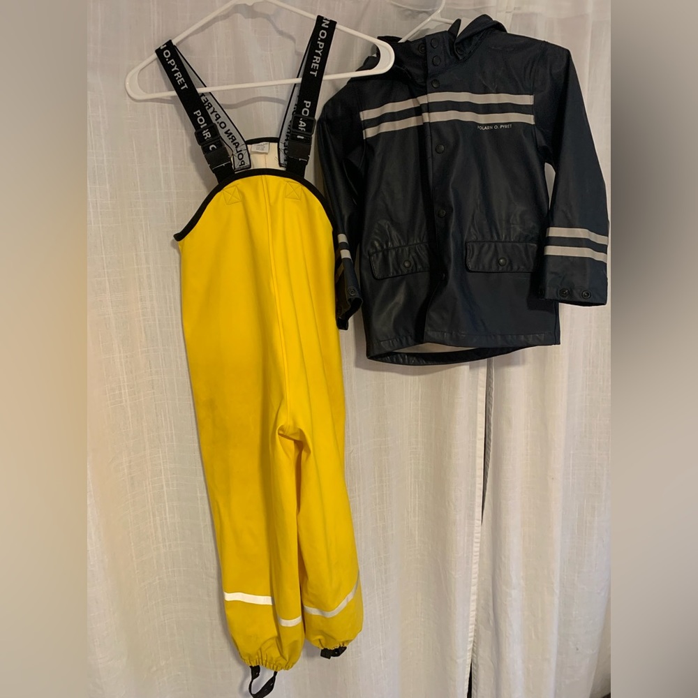 Polarn O. Pyret rain suit (Layer 3) Yellow  pants, Navy jacket 6-8 12/128